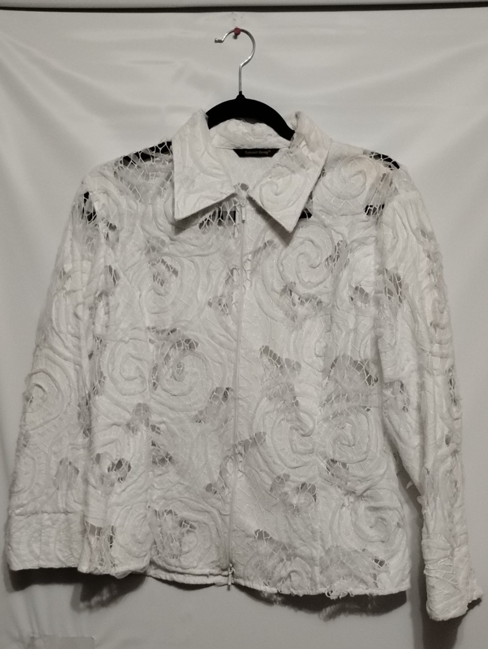 Samuel Dong White Lace Zip 3/4 Sleeve Jacket